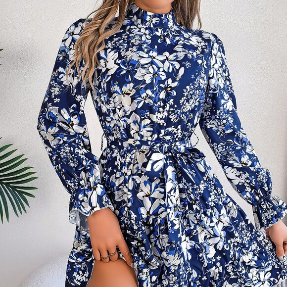 Printed Mock Neck Flounce Sleeve Mini Dress - Picture 1 of 9
